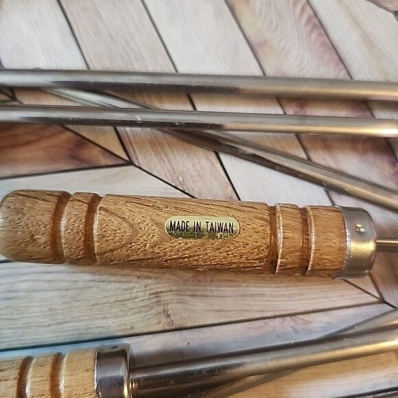 7 Stainless Steel BBQ Skewers Wood Handle Grilling Barbecue Hot Dogs - Picture 5 of 5